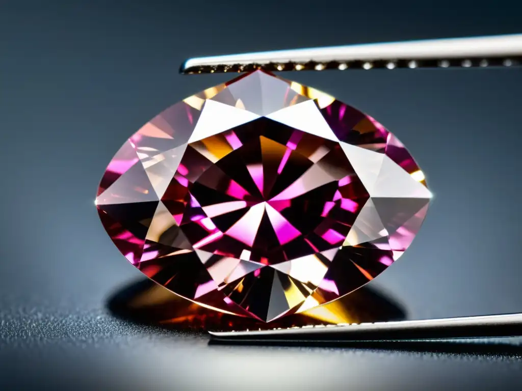 Una radiante inversión en diamantes de colores: un raro diamante rosa en tweezers, con reflejos de rosa suave a magenta intenso en laboratorio