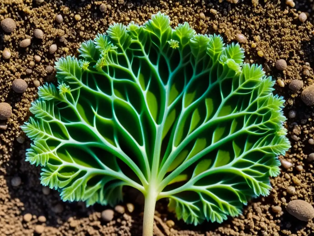 Raíces de planta entrelazadas con gránulos de apatita, resaltando propiedades de la apatita en fertilizantes