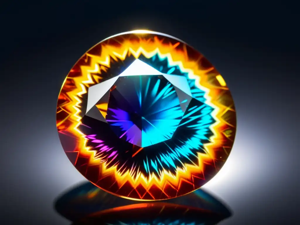 Examinando con precisión un raro y vibrante gemstone Examinando una rara y sin cortar gema bajo luz intensa, resaltando sus intrincados patrones y colores vibrantes