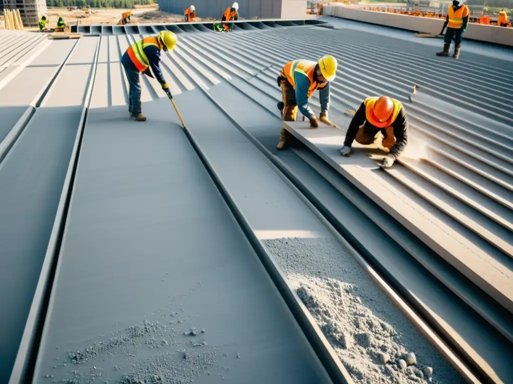 Un rascacielos moderno en construcción, trabajadores vertiendo y alisando hormigón con dolomita