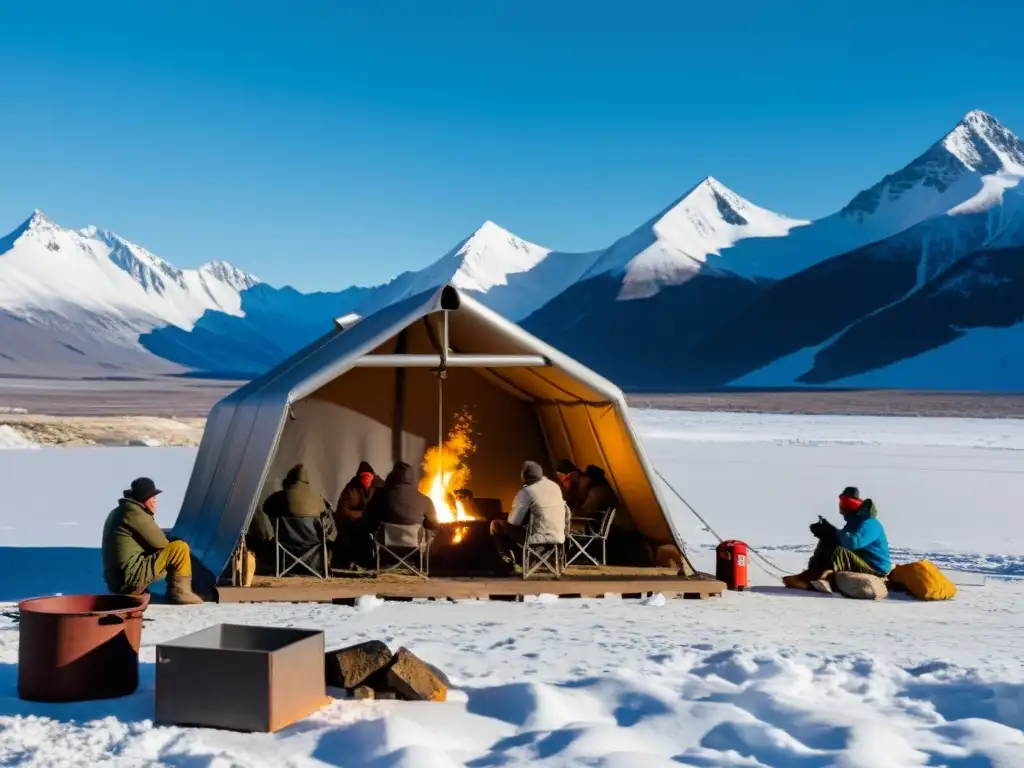 Un refugio para campamentos mineros resistente se destaca ante las montañas nevadas, con trabajadores en el primer plano, exudando resilencia