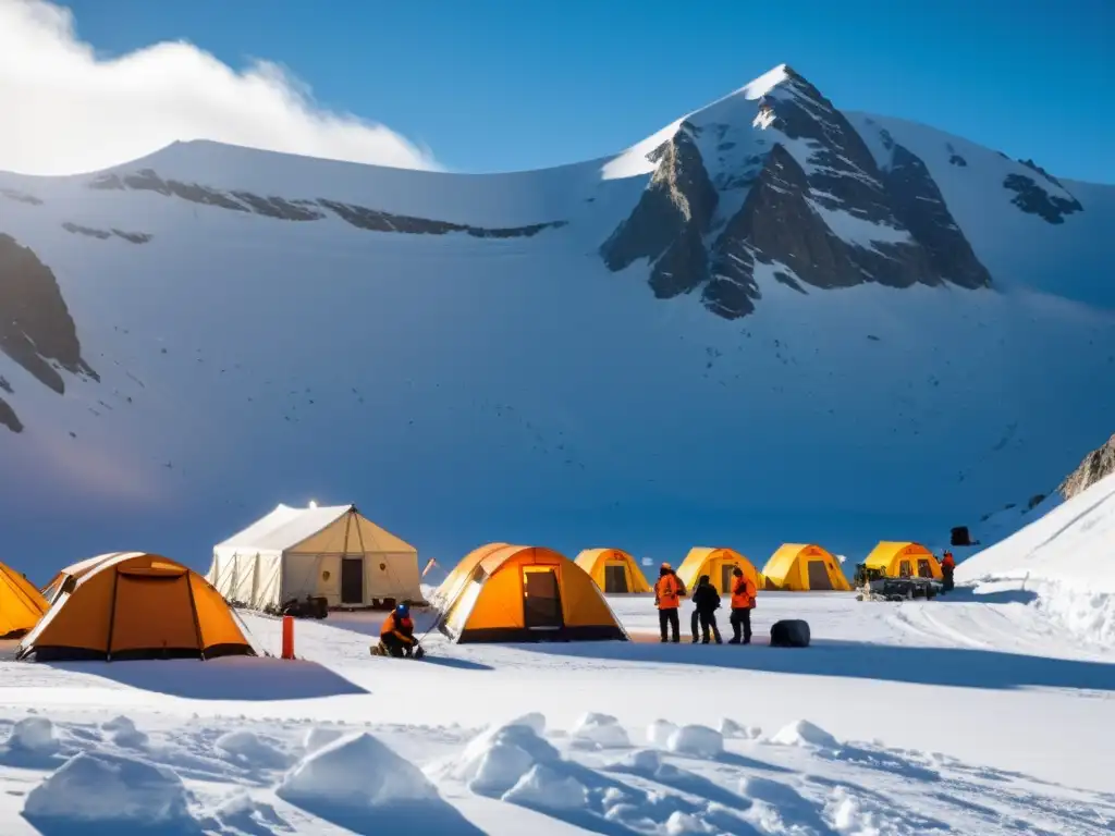 Refugios para campamentos mineros en paisaje montañoso nevado, destacando la resistencia y adaptabilidad en condiciones extremas