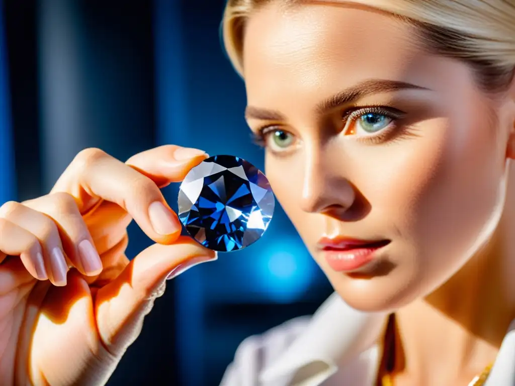 Experto gemólogo examina sapphire multifacético Un renombrado gemólogo examina con pasión un vibrante zafiro, mostrando su experiencia