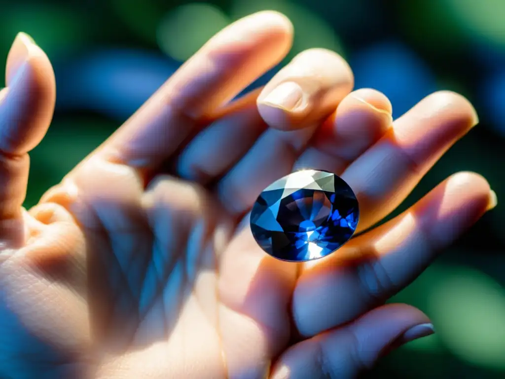 Un retrato detallado de unas manos sosteniendo con delicadeza un deslumbrante zafiro azul de Ceilán, iluminado por la suave luz natural