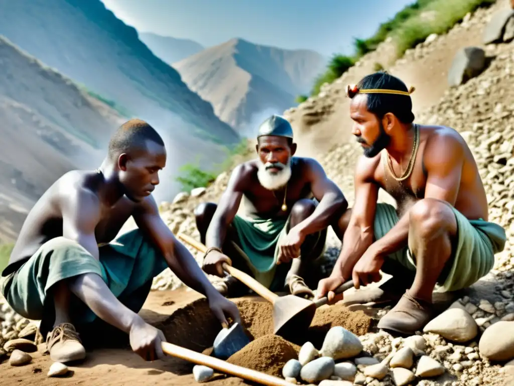 Un retrato detallado de mineros antiguos en la montaña, utilizando métodos antiguos prospección mineral