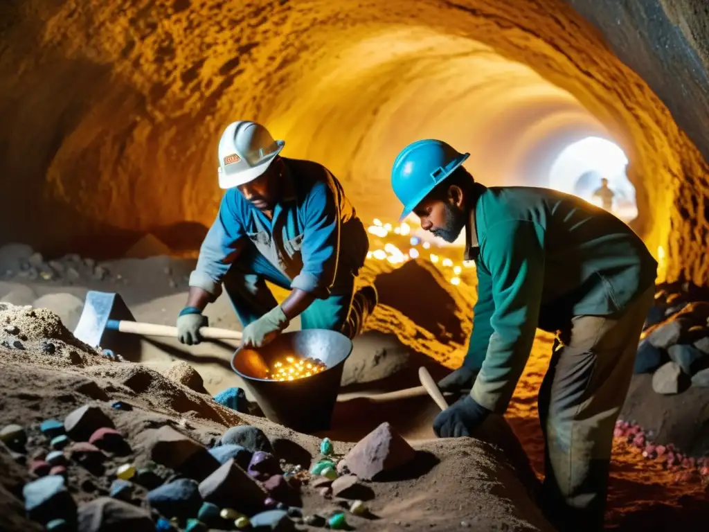 Un retrato impactante de mineros en una mina de piedras preciosas, destacando el impacto tecnológico en la trazabilidad de minerales