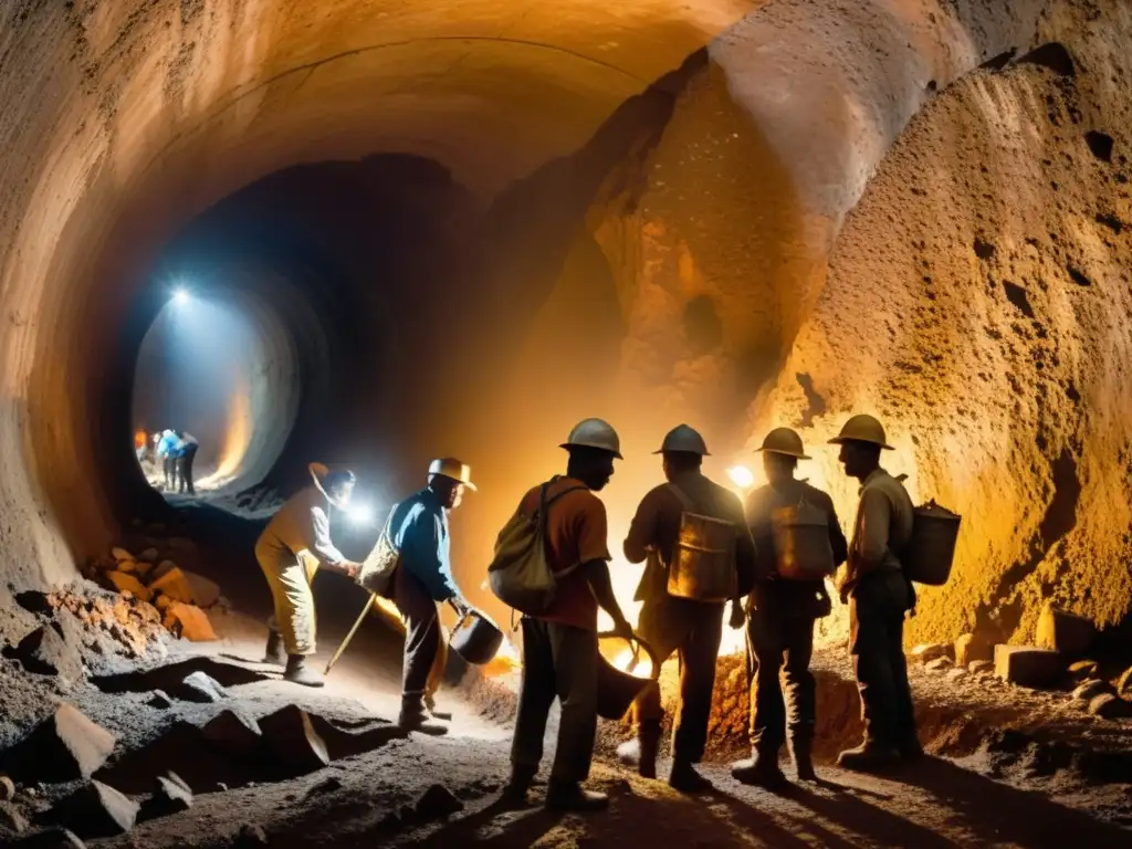 Un retrato impresionante de mineros indígenas utilizando métodos antiguos prospección mineral en un túnel subterráneo iluminado por lámparas de aceite