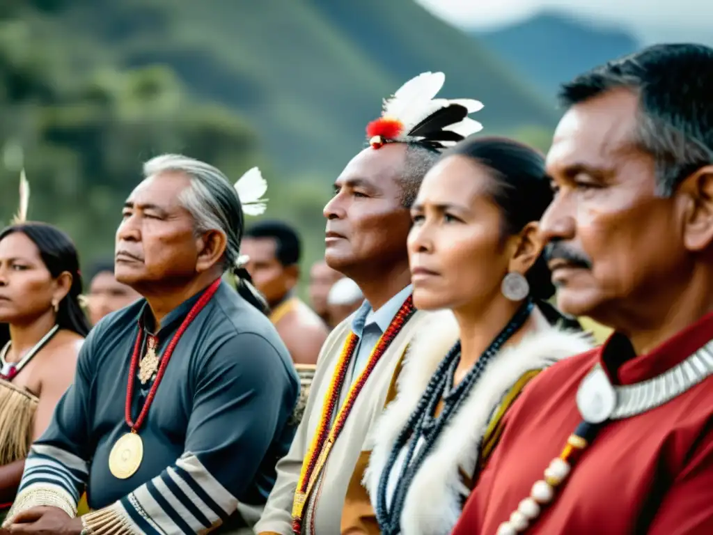 Reunión de líderes indígenas para debatir impacto de leyes mineras en su tierra, con atuendos tradicionales y elementos sagrados al aire libre