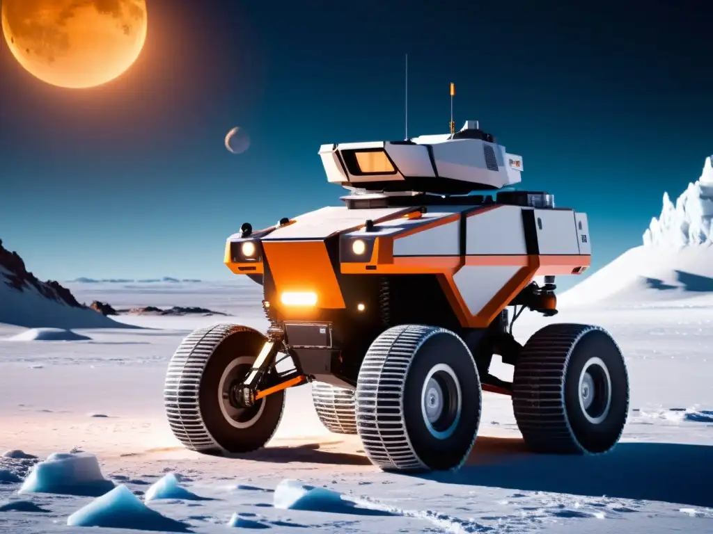 Rover de minería en luna helada, rodeado de hielo, ingenieros realizan adaptaciones minería lunas heladas