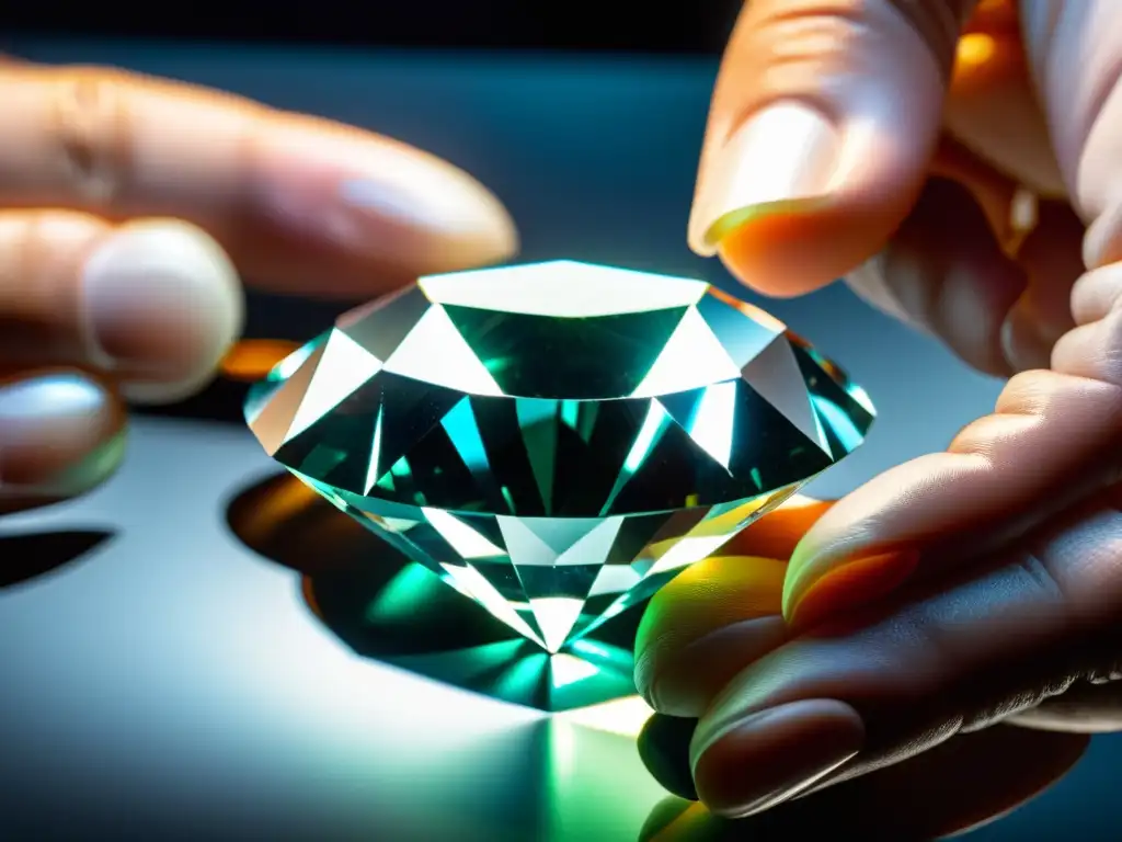 Sistemas de certificación de gemas: Experto examina un deslumbrante diamante bajo luz brillante, revelando su belleza y precisión