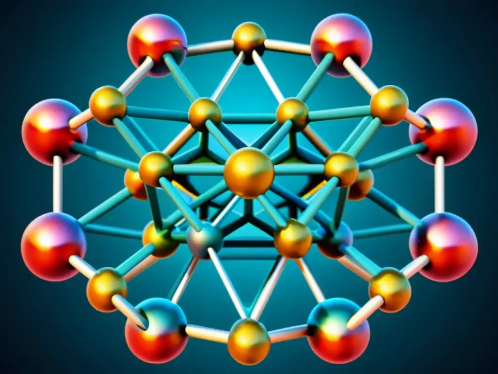 Sistemas cristalinos para principiantes: Estructura de red cristalina con colores vibrantes y disposición geométrica de átomos