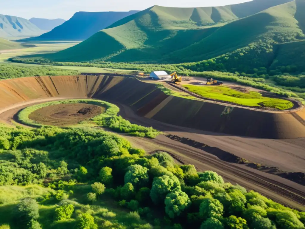 Restauración de paisaje minero: belleza natural y progreso humano Rehabilitación de sitios mineros para educación ambiental: paisaje natural y esfuerzos humanos se unen en una escena de esperanza y progreso