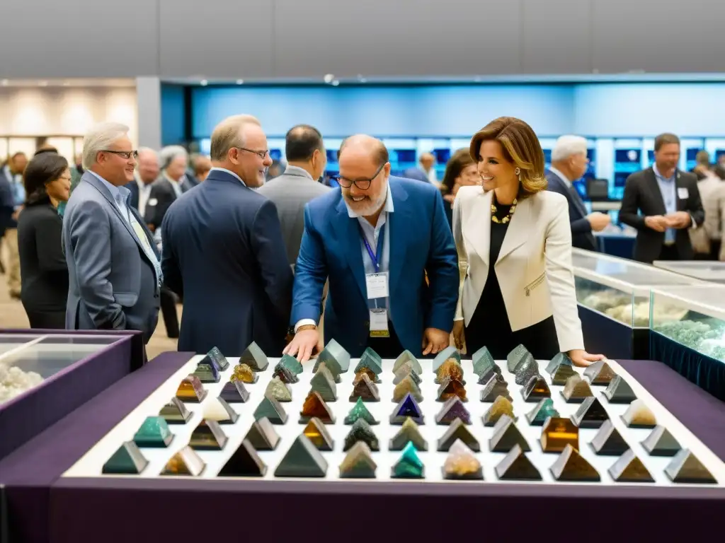 Subasta de Gemas y Minerales: Diversidad de Oportunidades de Inversión Una subasta de minerales y gemas bulliciosa, con personas inspeccionando y pujando por especímenes raros y valiosos