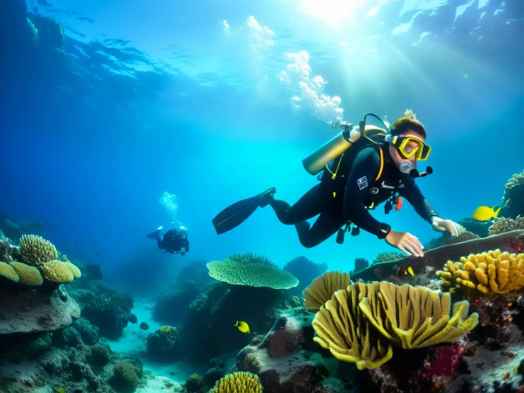 Exploración submarina de tesoros en vibrantes arrecifes de coral, iluminada por antorchas subacuáticas