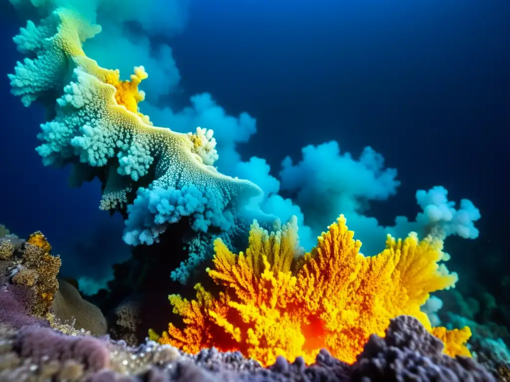 Ventisca submarina: formaciones minerales vibrantes Fumarolas submarinas formando minerales únicos en vibrantes colores bajo el agua, creando una escena cautivadora y científicamente intrigante