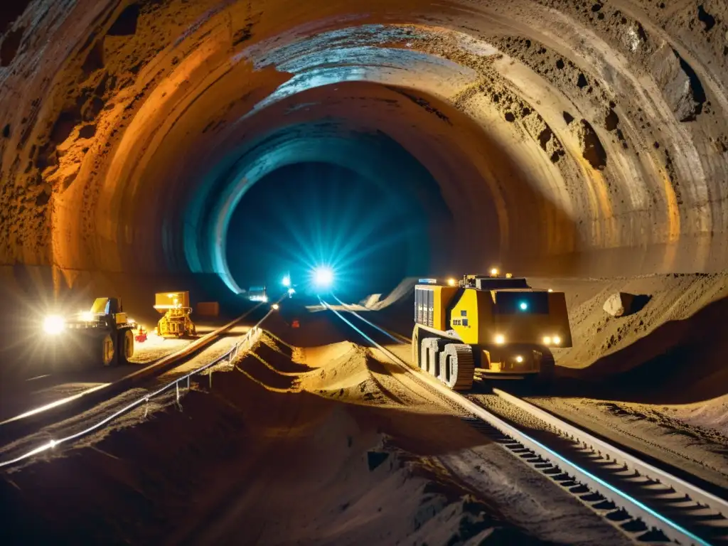 Robótica subterránea en extracción mineral con maquinaria avanzada iluminada en túneles subterráneos