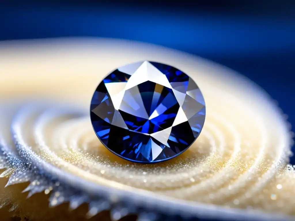 Una suntuosa joya de zafiro azul reposa sobre polvo de diamante, mostrando su claridad y brillo