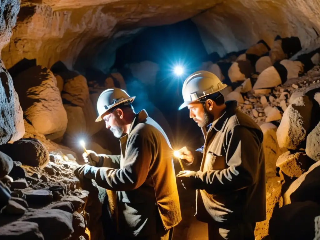 Técnicas ancestrales de extracción mineral: Mineros antiguos trabajando en misteriosas cuevas subterráneas con herramientas primitivas