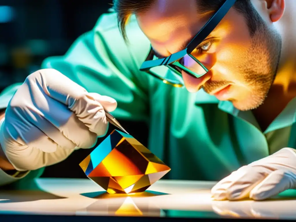 Un técnico experto corta y pule cuidadosamente un cristal de topacio en un laboratorio científico