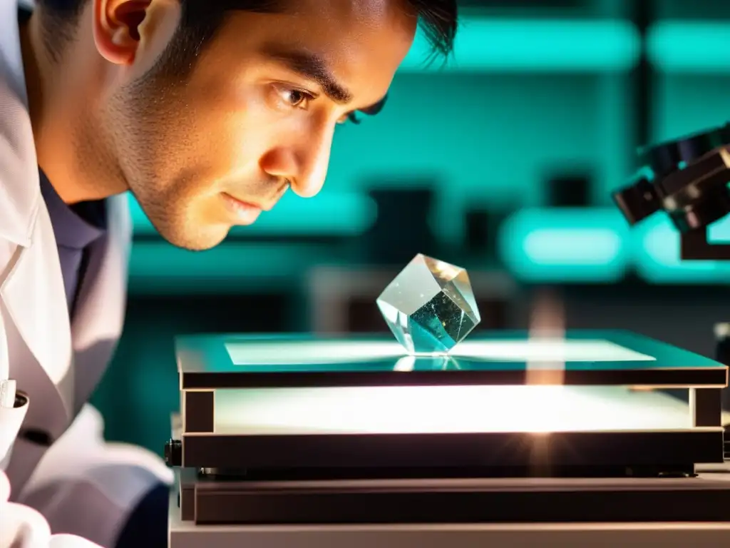 Un técnico de laboratorio maneja con cuidado un pequeño cristal transparente de un mineral espacial bajo un microscopio potente