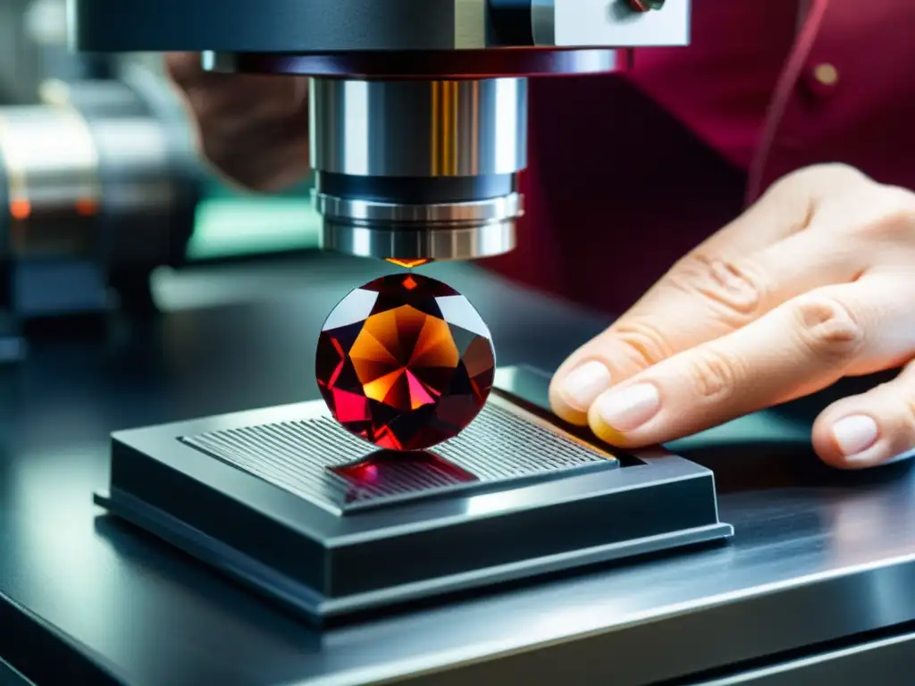 Un técnico coloca con precisión un granate en el molde de la lente, resaltando el rol del granate en lentes de alta calidad