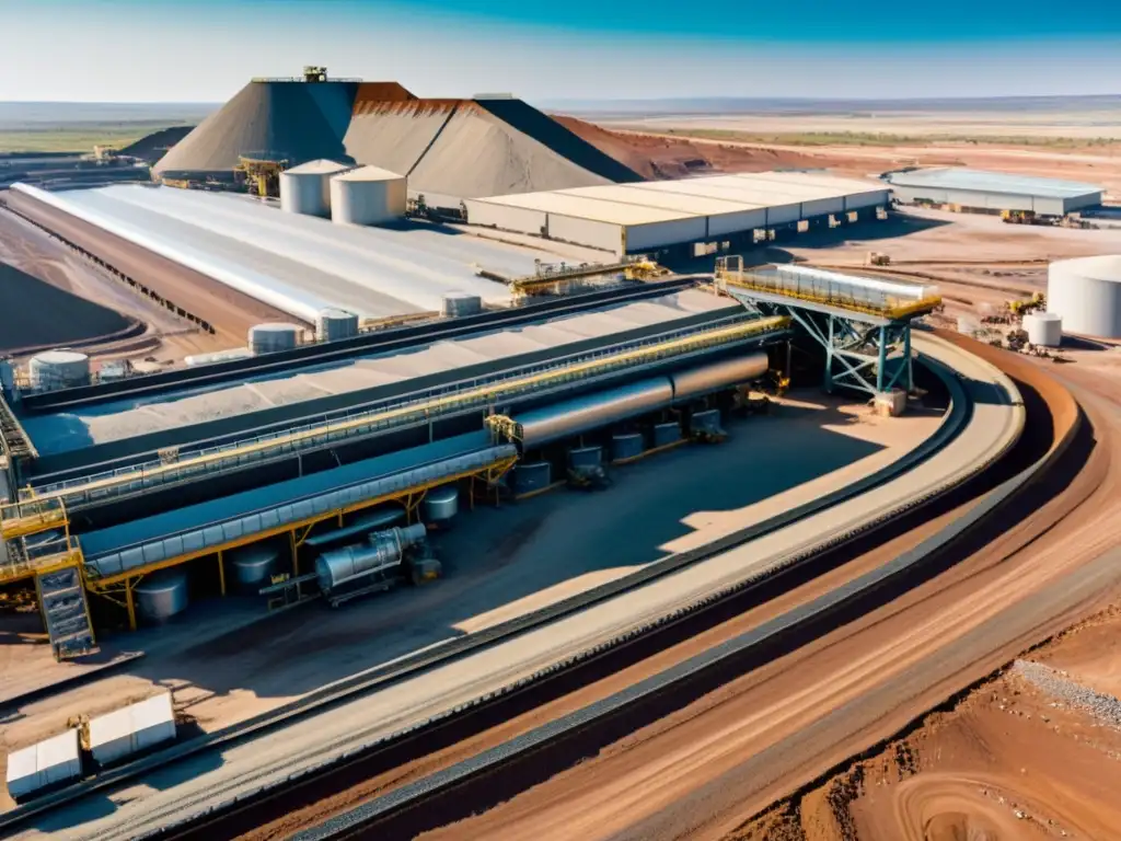 Tecnología en la valoración de minerales: moderna planta de procesamiento mineral en paisaje minero, maquinaria y trabajadores industriales