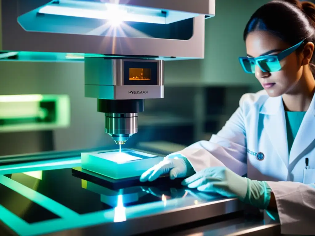 Maquinaria láser de precisión esculpe joya sintética Transformación tecnológica en gemas sintéticas: Máquina láser de precisión esculpiendo una gema sintética bajo supervisión técnica en entorno estéril