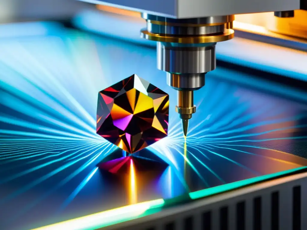 Gema sintética: corte láser de precisión Transformación tecnológica en gemas sintéticas: Imagen detallada de corte láser de una gema sintética, con reflejos de luz y patrones intrincados