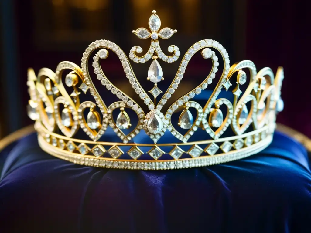 Una tiara de diamantes antigua en una vitrina de museo iluminada suavemente, resalta la influencia de joyería histórica en moda