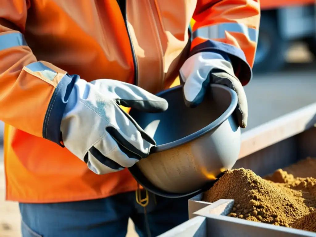 Un trabajador de la construcción con equipo de protección mide y vierte baritina en un sitio de construcción