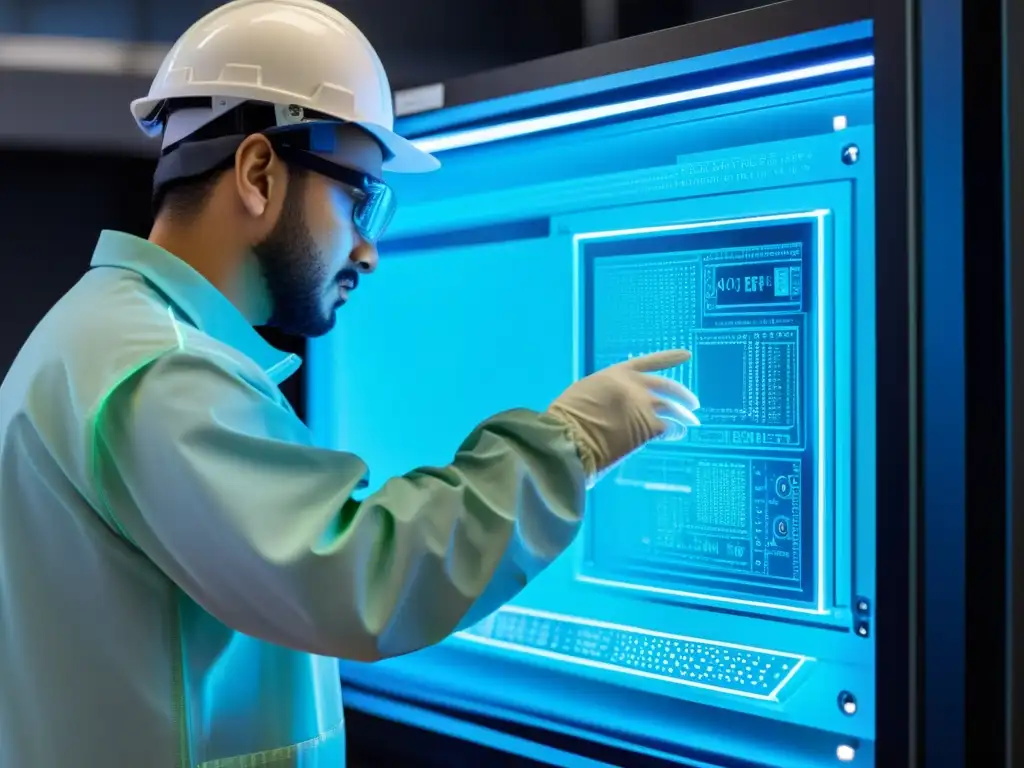 Un trabajador inspecciona con cuidado un panel táctil industrial iluminado en azul, demostrando los usos industriales del indio