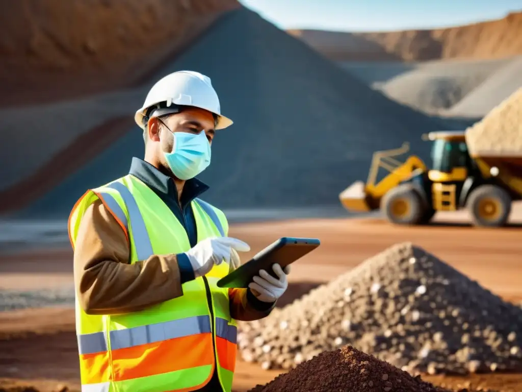 Un trabajador en una mina usando equipo de seguridad inspecciona minerales