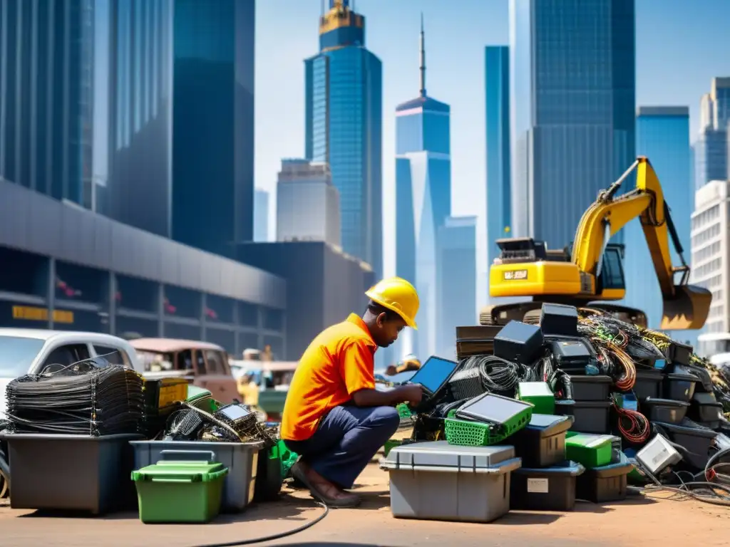 Trabajador de minería urbana extrayendo metales de dispositivos electrónicos en medio de la ciudad, simbolizando la innovación y el impacto ambiental en la minería urbana panorama ambiental