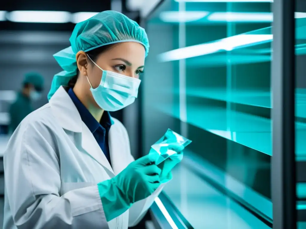 Un trabajador en una sala blanca inspecciona un panel de vidrio transparente recubierto de indio para pantallas LCD