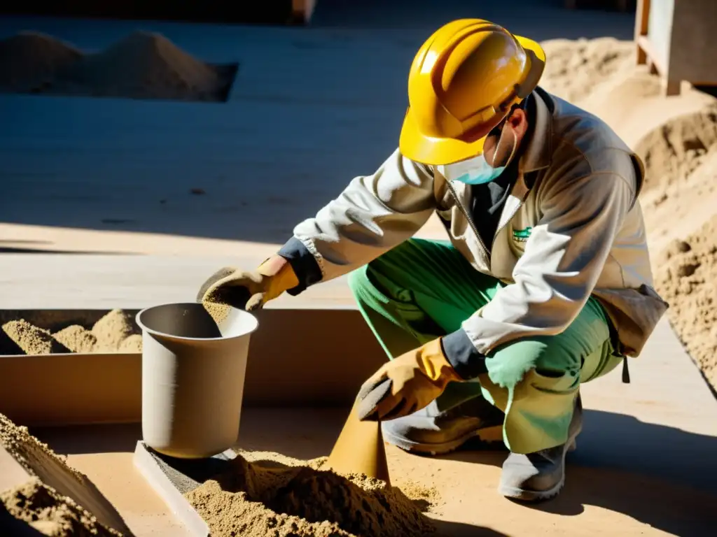 Un trabajador en el sitio de construcción vierte con cuidado la mezcla de concreto de barita para proteger el edificio de la radiación