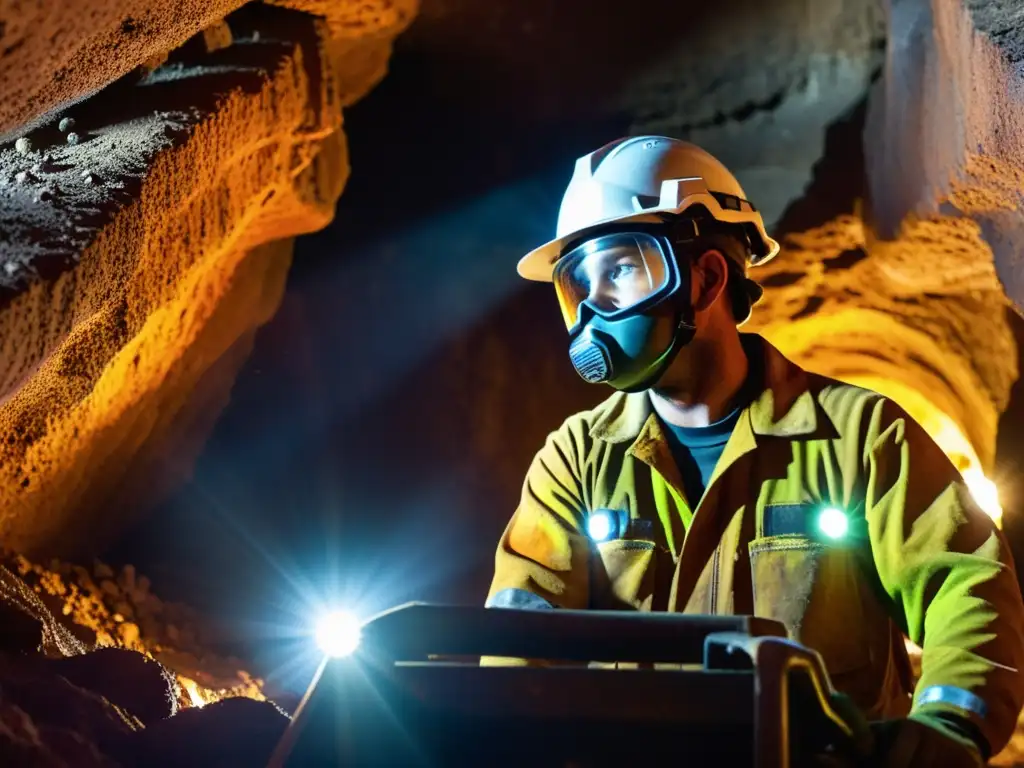 Trabajador en traje protector opera maquinaria pesada en mina profunda, rodeado de minerales exóticos