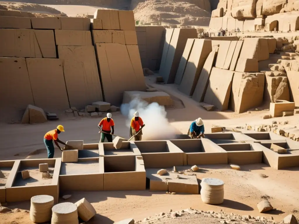 Trabajadores en cantera de granito en Asuán, Egipto, bajo la luz del sol, extrayendo bloques grandes de granito con herramientas tradicionales