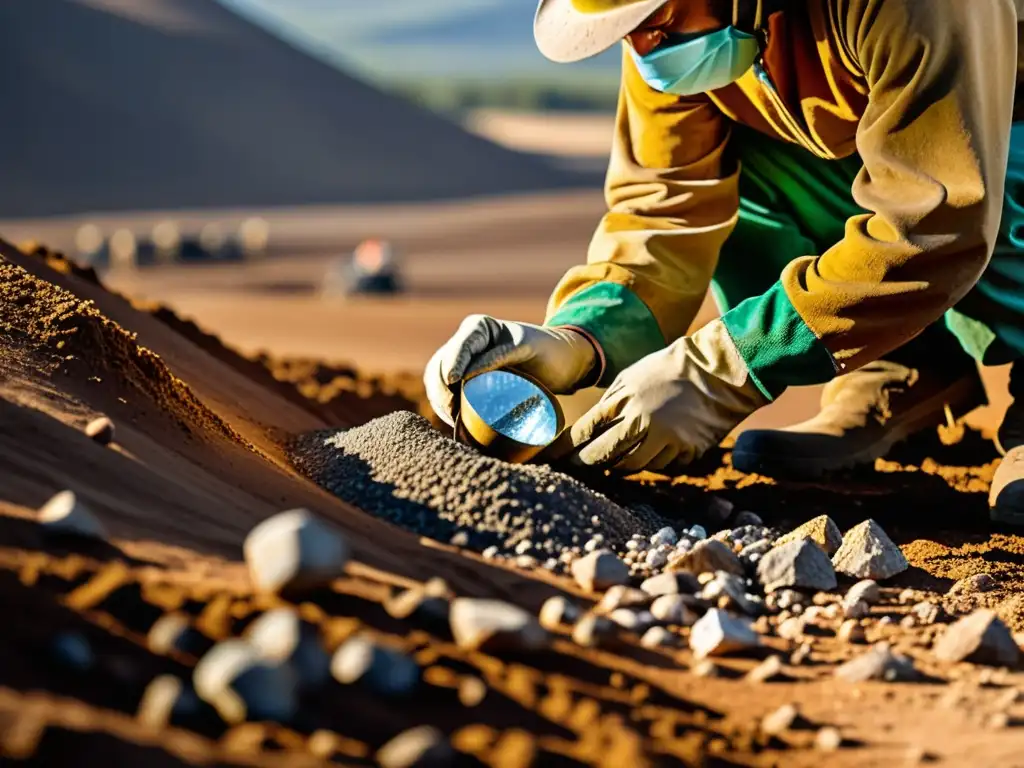 Trabajadores extraen diamantes en un yacimiento bajo el sol intenso, resaltando la labor intensiva y la belleza natural