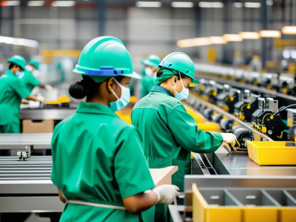 Trabajadores en una fábrica, siguiendo las mejores prácticas en cadenas de suministro responsables, con cuidado y eficiencia