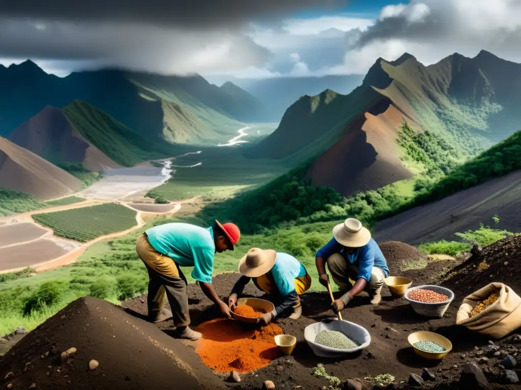 Trabajadores extrayendo gemas raras en un entorno montañoso y remoto bajo un cielo dramático, destacando la naturaleza desafiante de la extracción