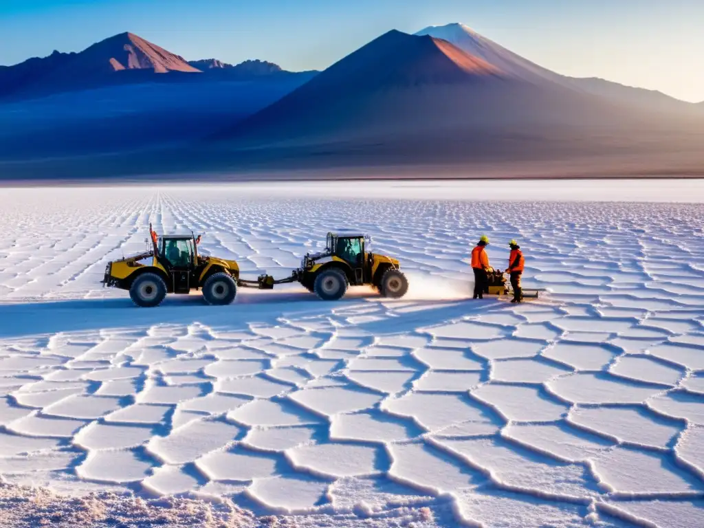 Trabajadores operan maquinaria en la extracción de litio en Sudamérica, contrastando con la belleza natural del Salar de Atacama al atardecer