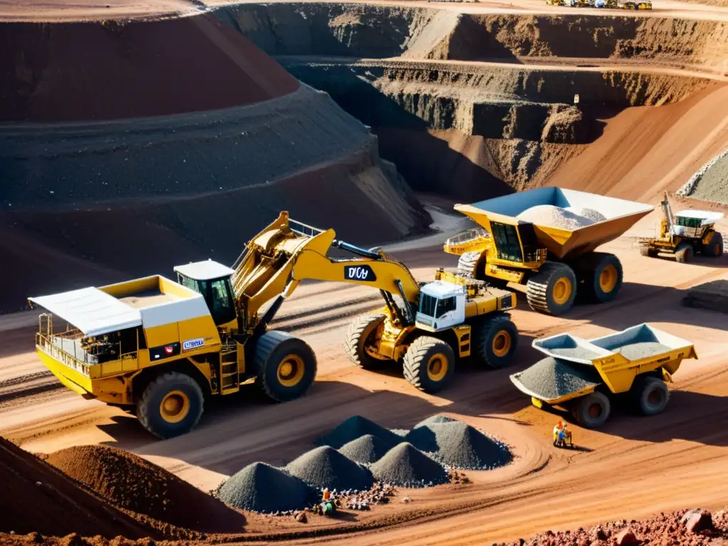 Operaciones mineras: Cumplimiento y seguridad Trabajadores operando maquinaria pesada en una mina, rodeados de minerales y gemas