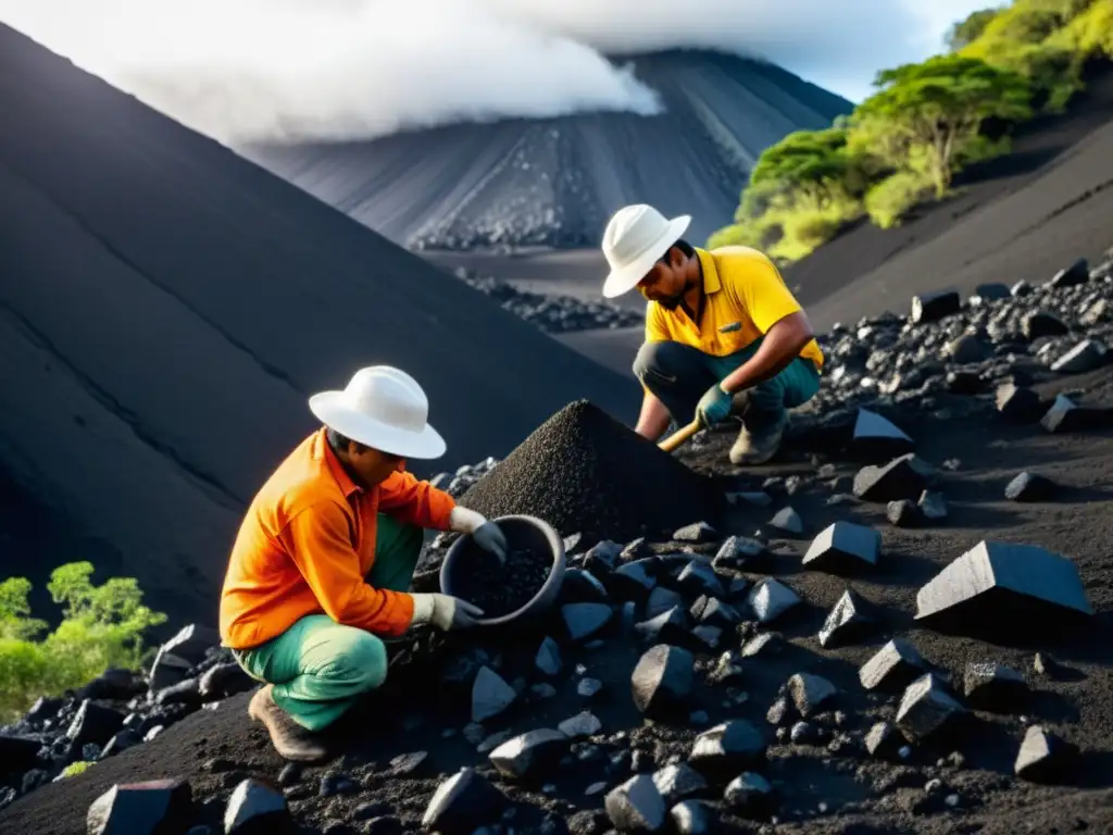 Trabajadores mesoamericanos extrayendo obsidiana de una formación rocosa volcánica, destacando la industria precolombina de obsidiana