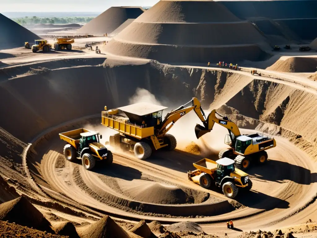 Trabajadores en una mina de diamantes, rodeados de maquinaria pesada y polvo, reflejando las duras condiciones