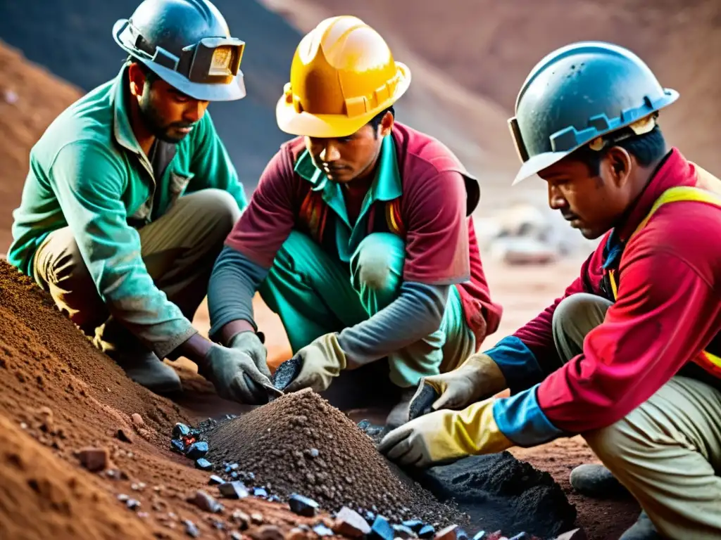 Trabajadores en mina de gemas raras, rodeados de maquinaria pesada en terreno difícil, evocando la compleja geopolítica de la inversión en recursos