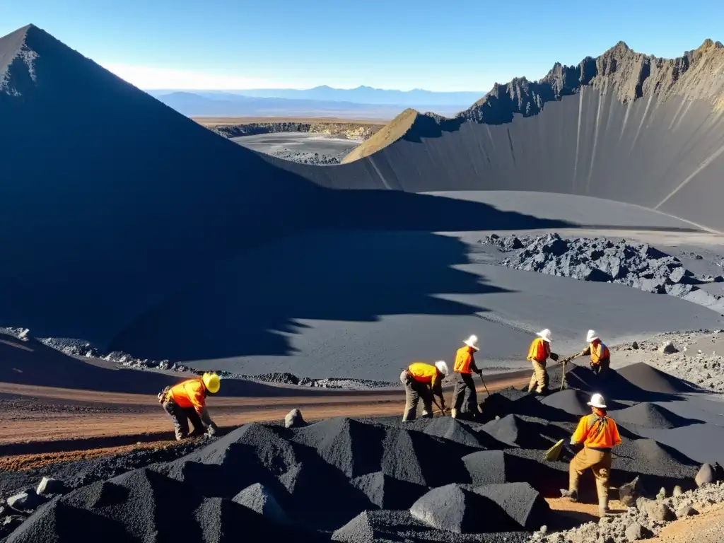 Trabajadores en minas de obsidiana, rodeados de montañas y un cielo azul