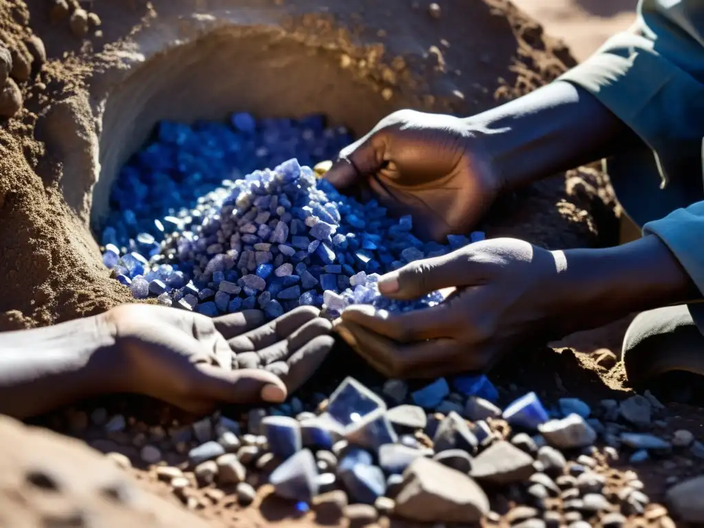 Trabajadores mineros extrayendo tanzanita en condiciones difíciles bajo el sol abrasador