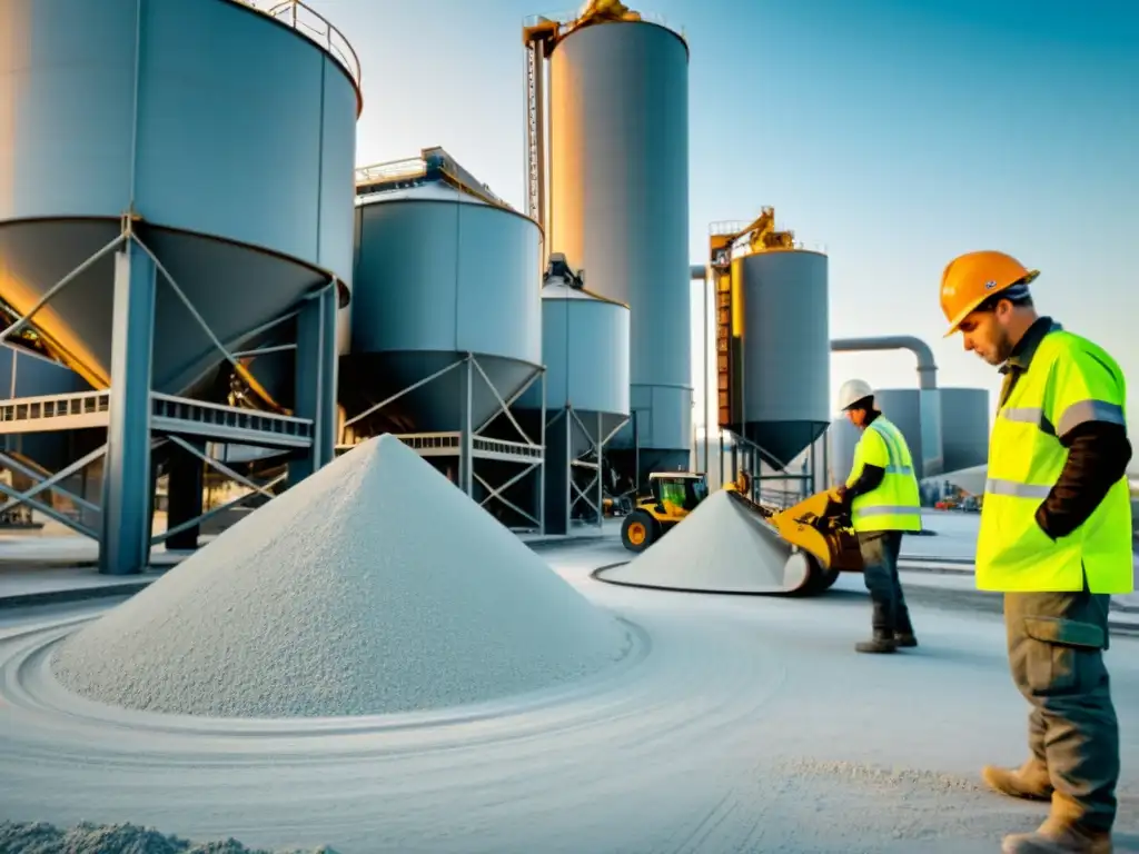 Trabajadores en planta de cemento usando equipos de seguridad, con silos y maquinaria