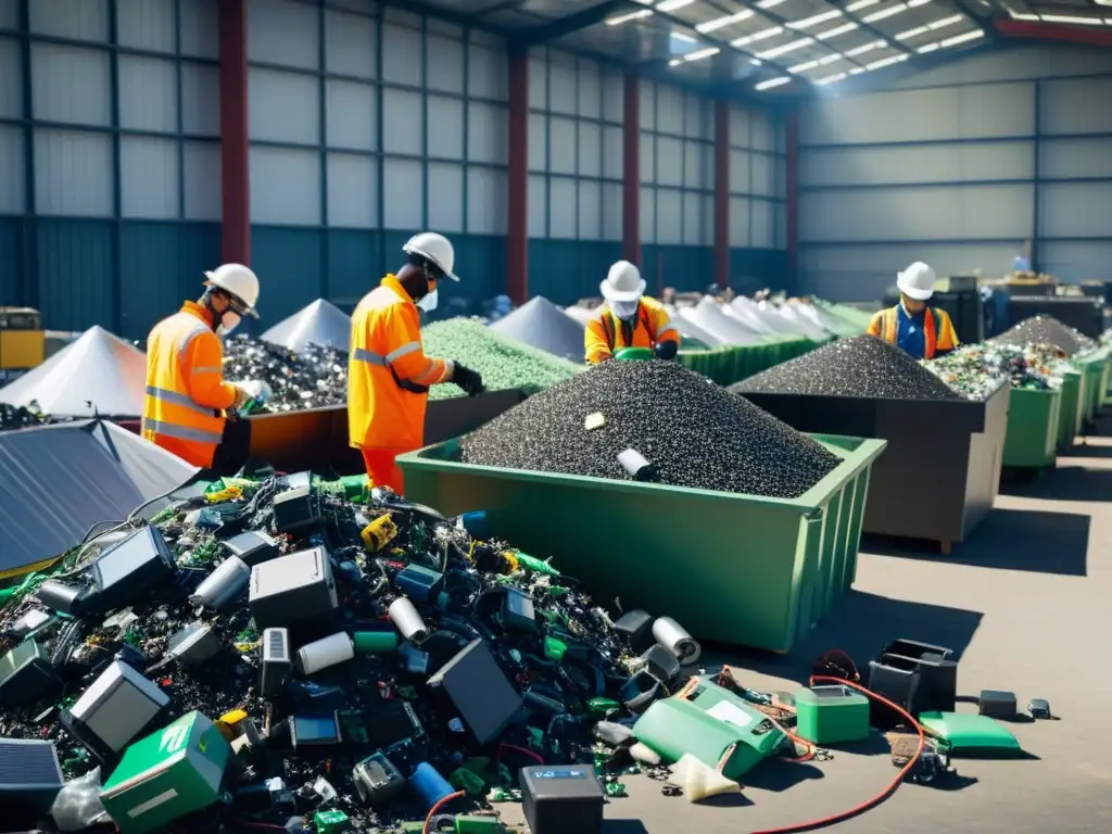 Trabajadores en planta de reciclaje separando desechos electrónicos, creando un panorama ambiental de minería urbana ocupado y laborioso