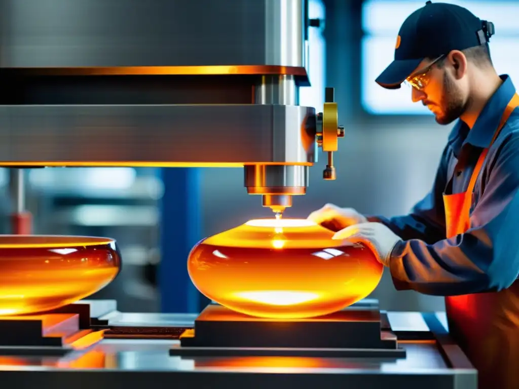 Trabajo artesanal con molten glass en una moderna fábrica de vidrio, mostrando innovaciones en la fabricación de vidrios